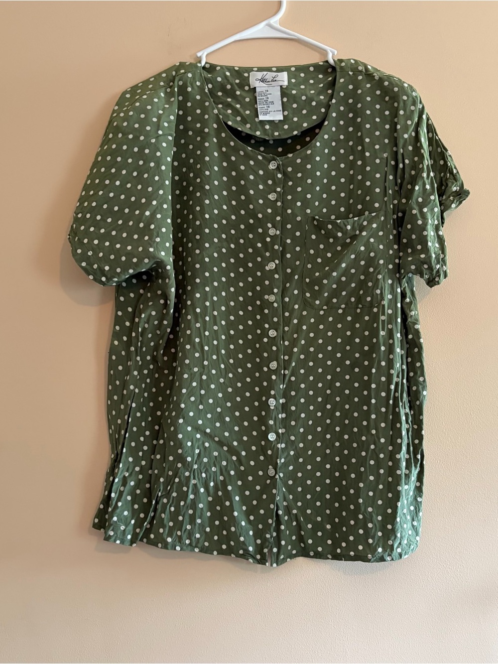 Kathie Lee Olive Green Polka Dot Button Front Top silk vintage